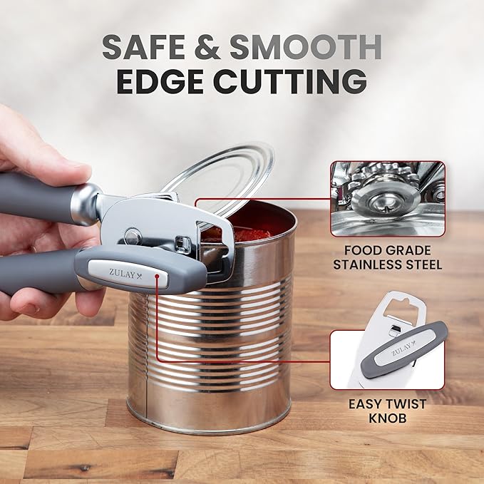 Zulay Kitchen Heavy Duty Stainless Steel Can Opener Manual with Bottle Opener - Rust Proof Manual Can Opener With Turn Knob & Comfy Soft Grip Handles - Gray