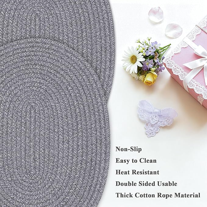 Oval Woven Placemats Set of 6, Boho Cotton Rope Braided Table Mats, 17x13 Inches Non Slip Heat Resistant Place Mats for Dining Room, Thick Hot Pads for Farmhouse Kitchen Table Decor. (Gray)