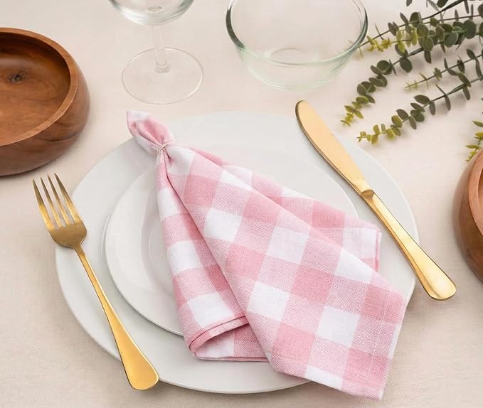 Cloth Napkins, Reusable Dinner Napkins for Parties,Weddings,Baby Shower,Christmas Decorations,Everyday Fabric Serviettes for Dining Table, Set of 12 Pink White_ 18"x18" with Decorative Hemstitched.
