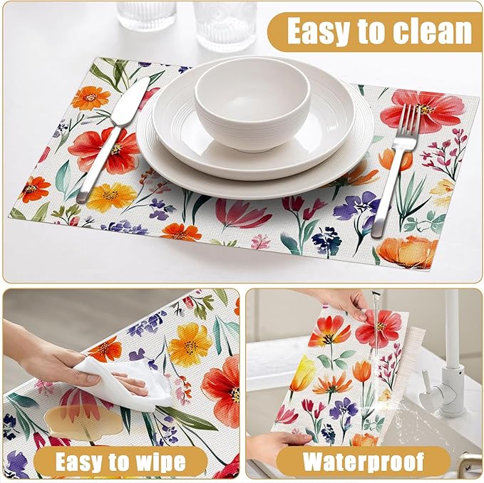 Red Flower Placemats Set of 6, Spring Summer Floral Linen Place Mat Washable Stain Resistant Table Mats for Farmhouse Kitchen Dining Party Wedding Decor 12x18 Inch