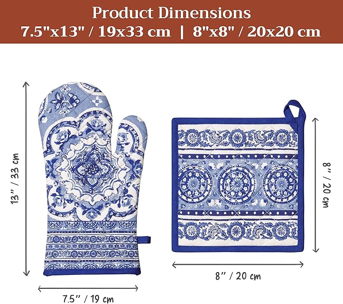 Maison d' Hermine 100% Cotton Oven Mitt & Pot Holder Set (7.5"x13" & 8"x8") Heat Resistant BBQ Cooking Gloves with Loop Baking Grilling Kitchen Gifts for Mothers Day Spring/Summer(Melodie Bleue)