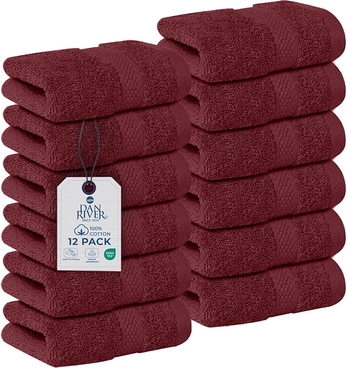 DAN RIVER 12-Pack Premium 100% Cotton Pomegranate Face Towels for Bathroom - Reusable Face Wash Cloths for Showering 12x12 Inches - 550 GSM Super Soft & Absorbent Luxury WashCloths for Body, Spa & Gym