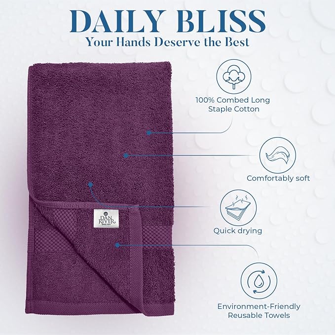 DAN RIVER 6-Pack Premium Hand Towels (16x28 Inches) - 100% Cotton, Ultra Soft, Lightweight, Highly Absorbent Towels for Bathroom, Spa, Gym, Salon, Hotel, and Travel - Purple Passion