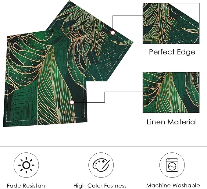 ArtSocket Palm Leaves Table Runner and Placemats Set of 6, Luxury Geometric Green Gold line Modern Tropical Dining Decor for Daily Use(1 Table Runner 72 inches Long and 6 Placemats)