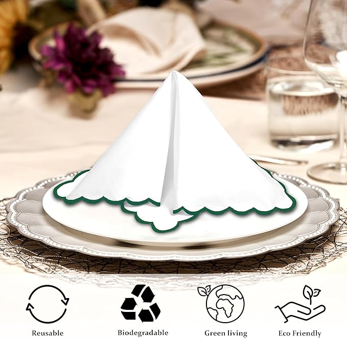 Ridhi Cloth Napkins 100% Pure Cotton Farmhouse Wedding Dinner Napkins Gift for Spring, Easter, Valentine, Holiday, Everyday Napkin (4-18" x 18" White with Emerald Green Edge)