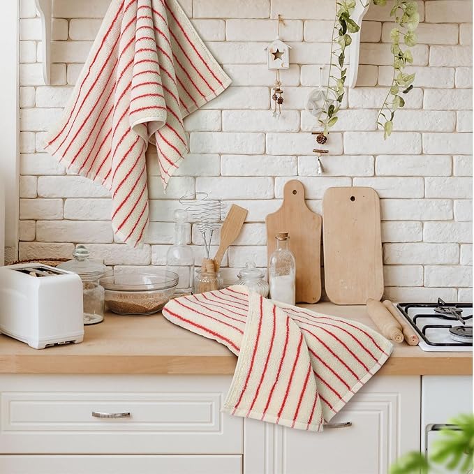 Jacquotha Striped Hand Towels Set of 2, Vintage Bathroom & Kitchen Decor, Guest Use, Soft Gentle for Adults Kids, Natural Cotton, 14” x 29”, Coral Red