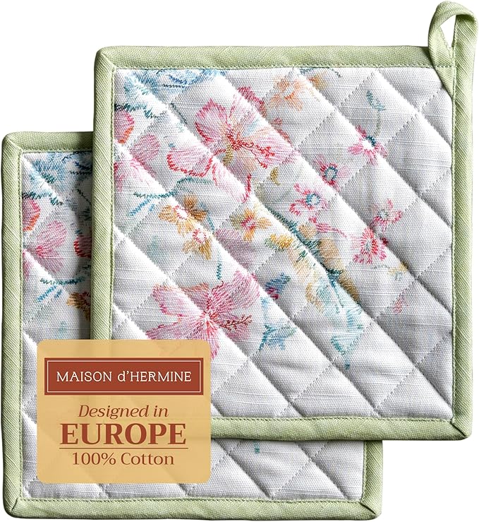 Maison d' Hermine Pot Holders 100% Cotton Heat Resistant Potholders 8" x 8" Hot Pads with Loop BBQ Cooking Baking Gifts for Mothers Day Handling Hot Pans Spring/Summer(Pack of 2, Paradise Island)