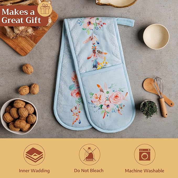 Maison d' Hermine Double Oven Mitts 100% Cotton 7"x35" Double Oven Mitt Heat Resistant BBQ Cooking Gloves with Loop Baking Grilling Gifts for Mothers Day Spring Summer (Ibiza - Blue)