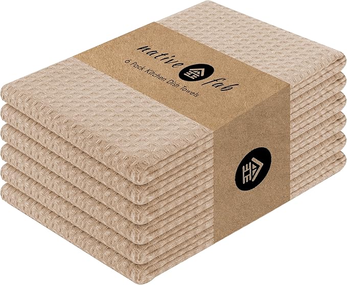 Native Fab Cotton Kitchen Towel with Hanging Loop 16x26 inches, 6-Pack, Waffle Weave Kitchen Towels for Cleaning Drying, Washcloths Soft & Absorbent Cloth Rags, Bar Towel, Dish Cloth, Beige