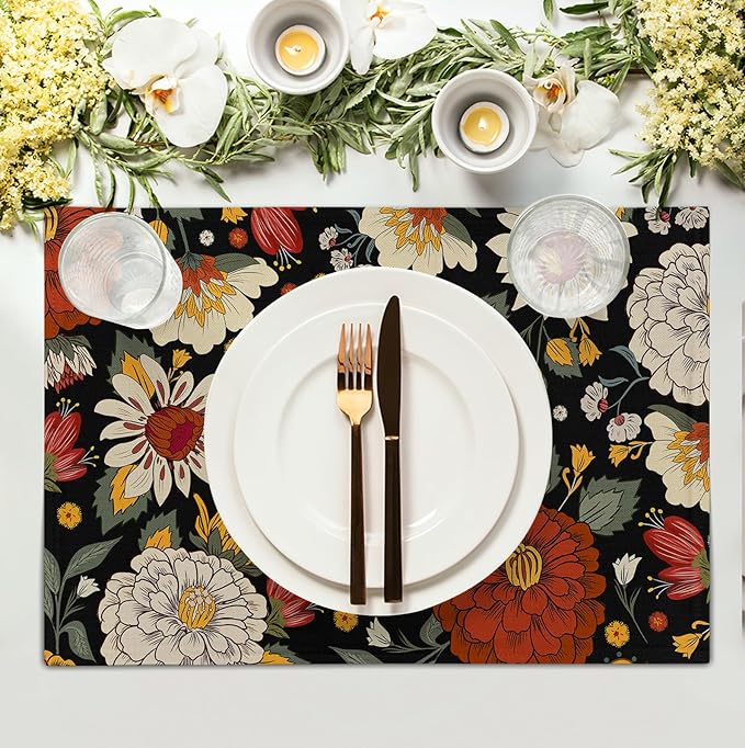 Black Boho Floral Placemats Set of 4 Spring Summer Vintage Flowers Botanical Decorative Table Mats Mid Century Modern Linen Place Mats for Party Kitchen Dining Outdoor Indoor Decor