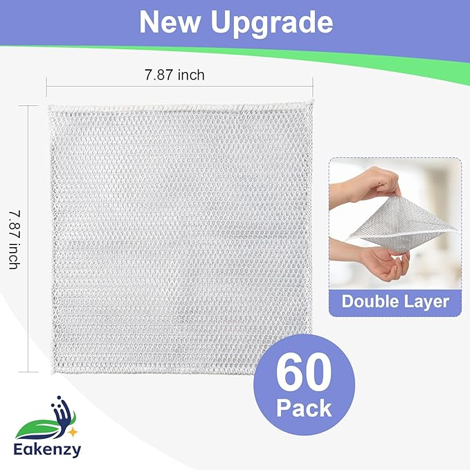 Non Scratch Wire Dishcloth, Multipurpose Wire Dishwashing Rag for Wet and Dry, Steel Cloth for Washing Dishes, Rust Removal Cleaning Cloth Kitchen, No Odor, Double Layer, 60 Pack
