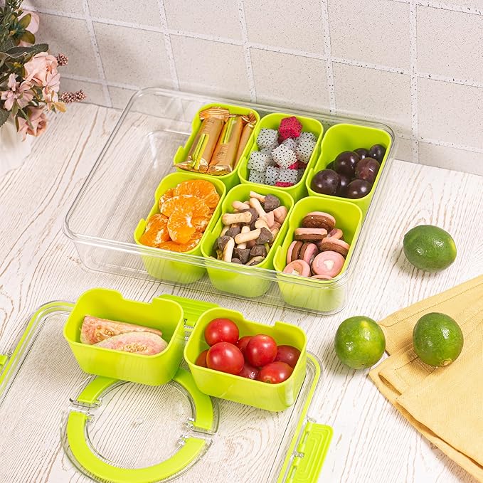 Dingerjar Divided Serving Tray with Lid and Handle - Snackle Box Charcuterie Container for Portable Snack Platters Organizer for Candy, Fruits, Nuts, Snacks - Perfect for Party, Entertaining, Green