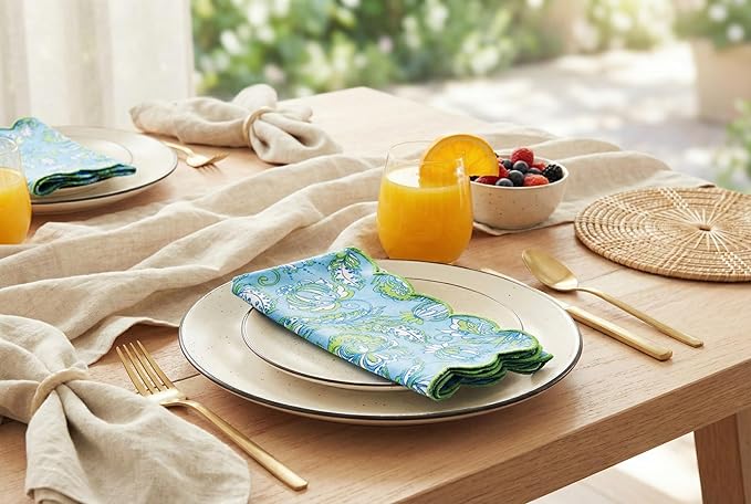 PurpleEssences Scalloped Embroidery Kalamkari Cloth Napkins - Spring Easter Summer - Table Decor - 100% Cotton - Set of 4-18x18 inch - Light Blue Edges - Sage Green