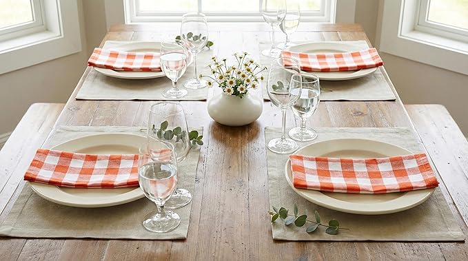 PurpleEssences Buffalo Plaid Cloth Napkins - Mitered Corners - Spring Easter Summer - Gingham Check Dinner Napkin - Set of 12-100% Cotton - 18x18 Inch - Reusable Washable - Orange and White