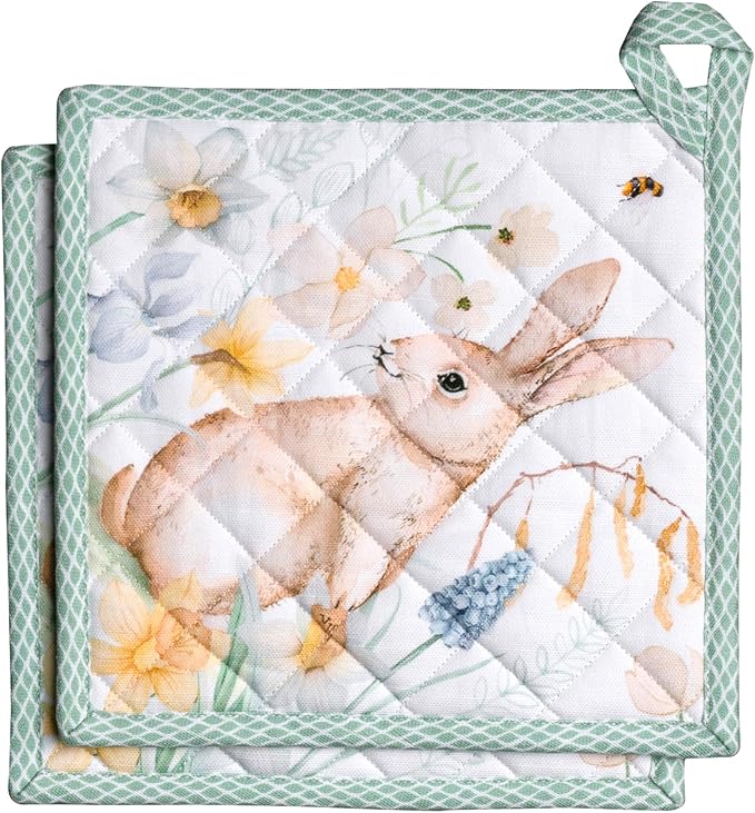 Maison d' Hermine Pot Holders 100% Cotton Heat Resistant Potholders 8" x 8" Hot Pads with Loop BBQ Cooking Baking Gifts for Mothers Day Handling Hot Pans Spring/Summer (Pack of 2, Easter Dew)