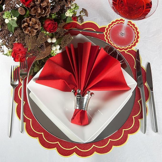 Set of 8 Christmas Round Cotton Linen Placemats with Coaster, 15" Red Scalloped Embroidery Placemats Double Layered Heat Resistant Washable Table Mat for Xmas Winter Party Kitchen Dining Table