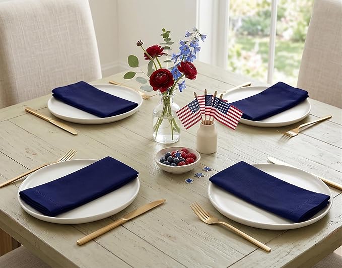 PurpleEssences Set of 12 Hemstitch Cloth Dinner Napkins 100% Cotton - Soft Durable Washable - Ideal for Wedding Spring Easter Summer - Perfect Everyday Use Table Linen 18x18 - Navy Blue