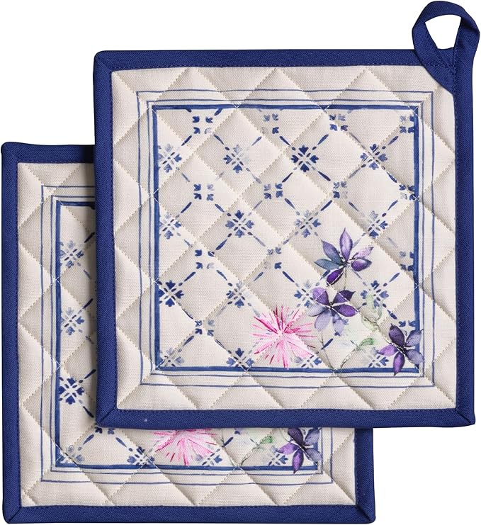 Maison d' Hermine Pot Holders 100% Cotton Heat Resistant Potholders 8" x 8" Hot Pads with Loop BBQ Cooking Baking Gifts for Mothers Day Handling Hot Pans Spring/Summer (Pack of 2, Faience)