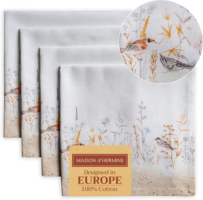 Maison d' Hermine Cloth Napkins Set of 4 100% Cotton Everyday Reusable Square Napkins Cloth Washable Dinner Wedding Gifts for Mothers Day Spring/Summer (Meadow Florals - Beige, 20" x 20")