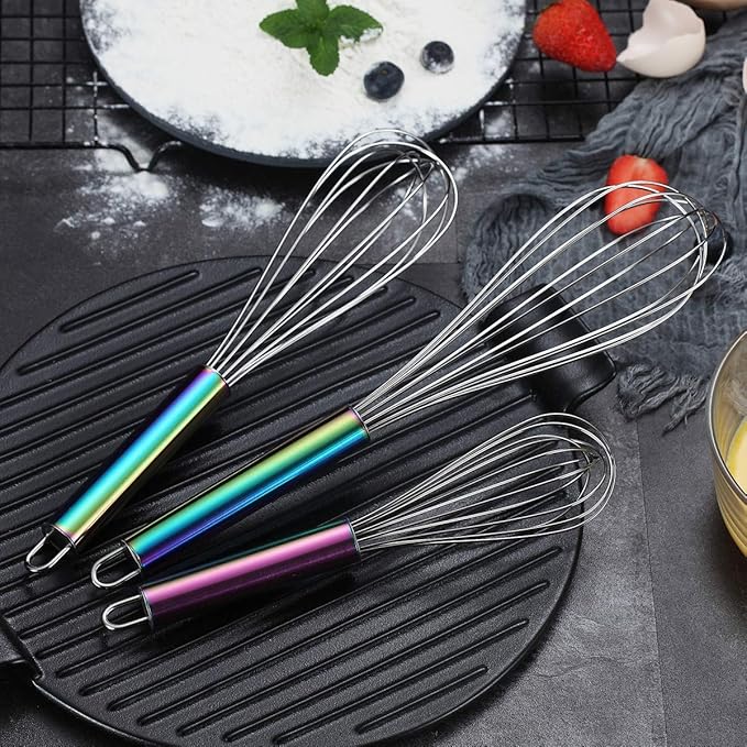 Berglander Rainbow Handle Whisk Pack of 3 Stainless Steel 8",10",12", Titianium Plating Colorful Handle Whisks for Cooking, Beater,Wire Whisk Set Kitchen Wisk (Rainbow Handle)