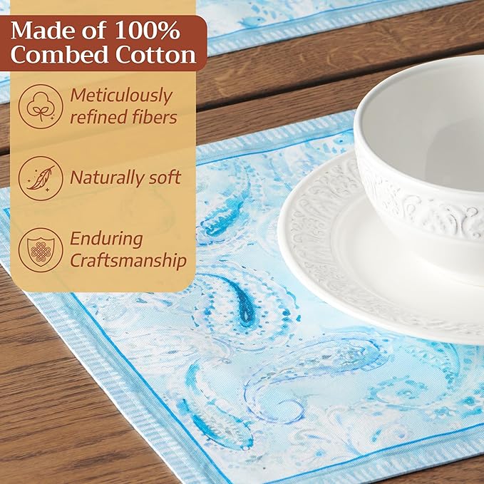 Maison d' Hermine Placemat 100% Combed Cotton Premium Set of 4 Decorative Washable Place Mats Table Cloth Placemat, Dining, Kitchen, Parties & Camping - Paisley Blues (13"x19")
