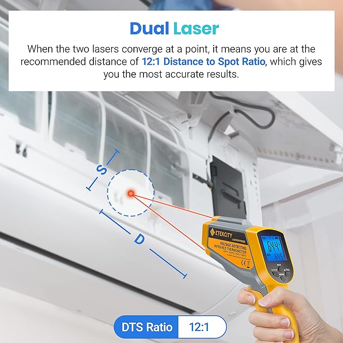 Etekcity Infrared Thermometer 1025D (Not for Human) Dual Laser Temperature Gun-58℉~1022℉ (-50℃~550℃) with Adjustable Emissivity, Non-Contact Voltage Tester (NCV), Standard Size, Yellow & Gray