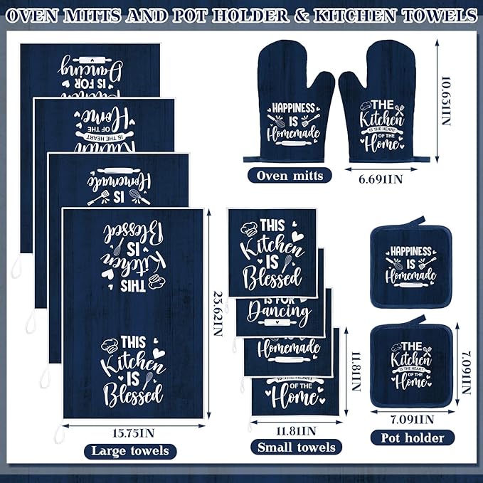 12 Pcs Farmhouse Kitchen Decor Sets 4 Blue Kitchen Hand Towels 4 Dish Clothes 2 Navy Blue Pot Holders 2 Rustic Oven Mitts Glove Hand Towels and Dishcloths Sets for Home Decor Accessories Mom Gift