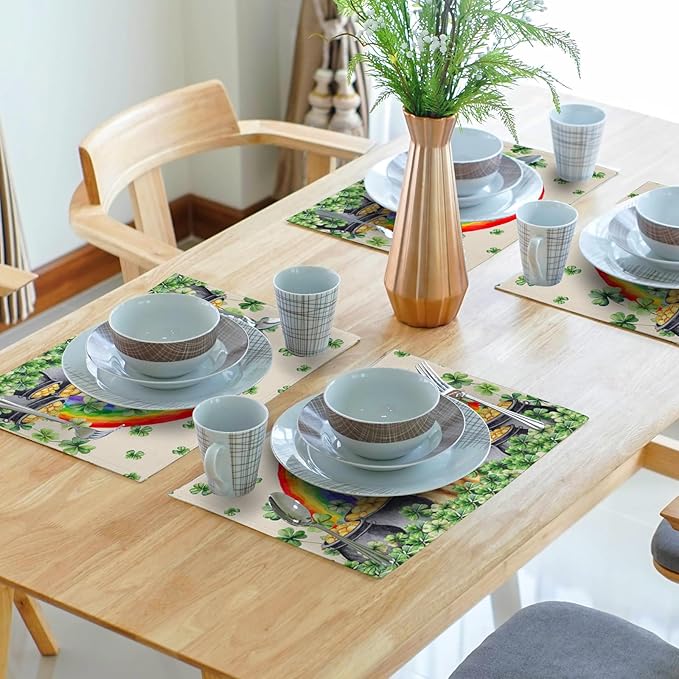 Animal Placemats Set of 4 Lucky Dog St Patrick Linen Table Mats for Kitchen Dining Decor