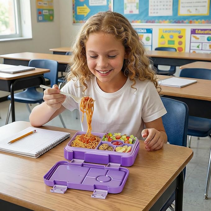 Bento Lunch Box for Kids, 6 Compartments BPA Free, Dishwasher Safe Back to School Snack Bento Lunch Containers Boxes, Ideal Portion Sizes for On-the-Go Meal, Ages 3+, School, Purple