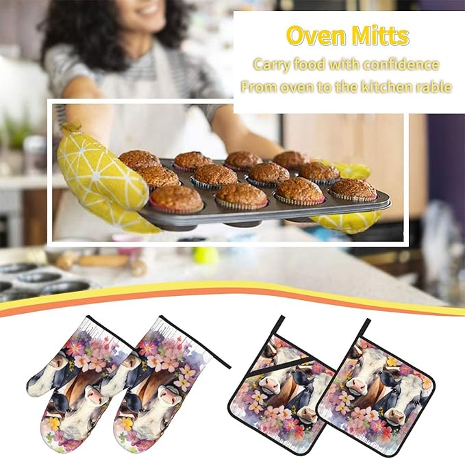 Watercolor Cows Oven Mitts and Pot Holders Sets Daisy Flower Kitchen Oven Gloves Heat Resistant 500 Degrees Oven Mitt and Hot Pad for Cooking BBQ Baking Grilling