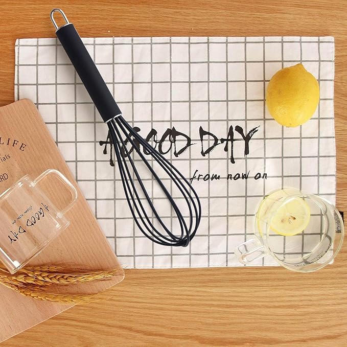 GorGin high temperature and easy to clean silicone whisk, stirrer, 10 inch, grip good grip design for Blending Whisking Beating Stirring Cooking Baking (1 Pack | black)