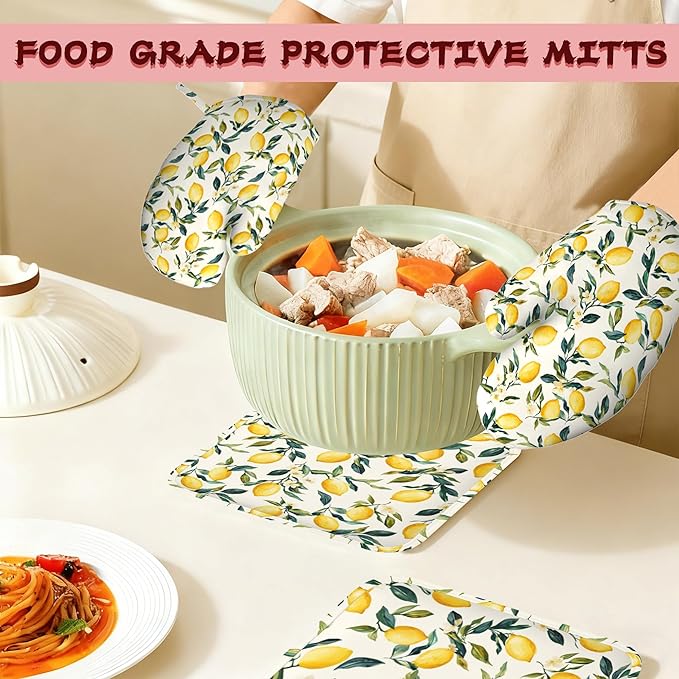 Retro Lemon Floral Silicone Oven Mitts and Pot Holders,Heat-Resistant 4 Piece Kitchen Set Non-Slip Oven Gloves and Hot Pads for Cooking, Baking, Grilling,BBQ