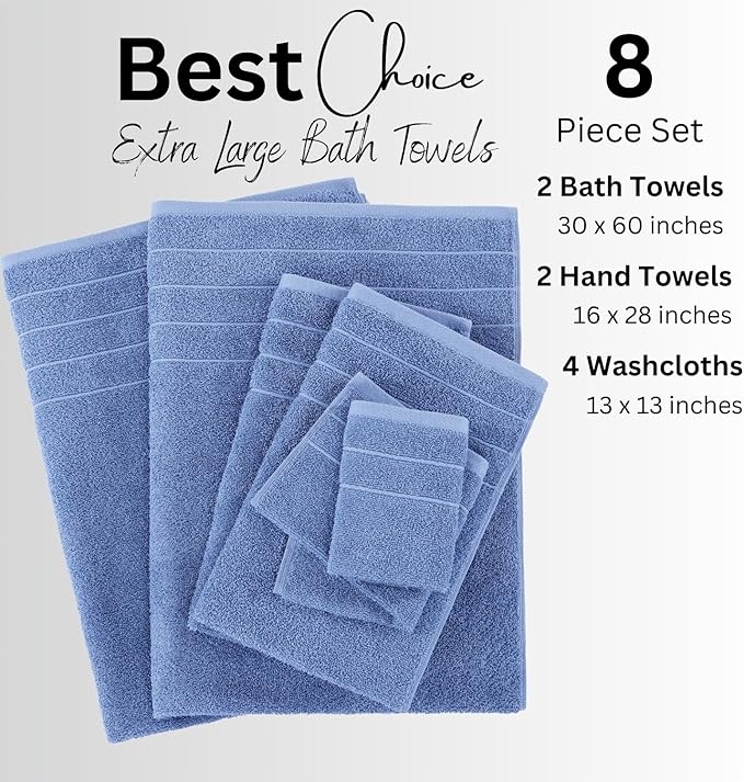 Casa Platino Cotton Bath Towel 8 Piece Set - Super Soft, Quick Dry & Absorbent - 2 Bath, 4 Washcloths, 2 Hand Towels for Bathroom - Durable & Minimal Lint After 3 Washes - Cerulean Blue