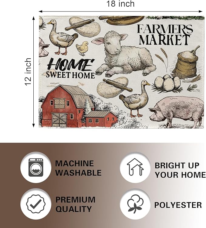 Vintage Farm Animals Placemats Set of 4, Farmhouse Country Barn Lamb Pig Chick Duck Tractor Dining Place Mats Table Decor, Retro Farmer Market Home Sweet Home Kitchen Decoration 12''x18''