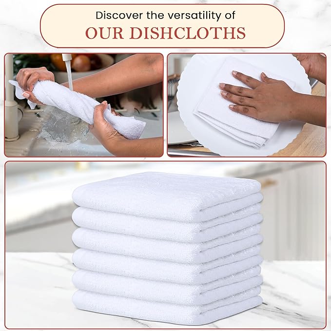 Vintage Vista 100% Cotton Dish Cloths (Pack of 6) - Dish Rags for Washing Dishes - Reusable & Highly Absorbent Kitchen Towels - Kitchen Rags fo Easter - (12" x 12" - White II)