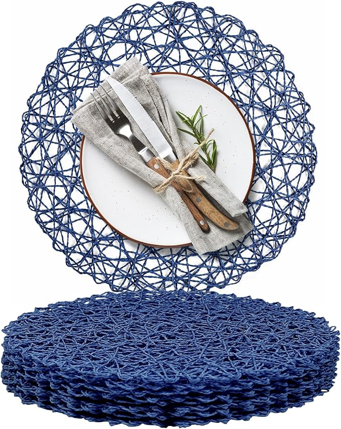 AHHFSMEI Paper Braided Round Placemats Set of 8 Natural Non-Slip Heat Resistant Table Mats for Dining Tables Farmhouse Woven Indoor Outdoor Place mats (Blue,8)