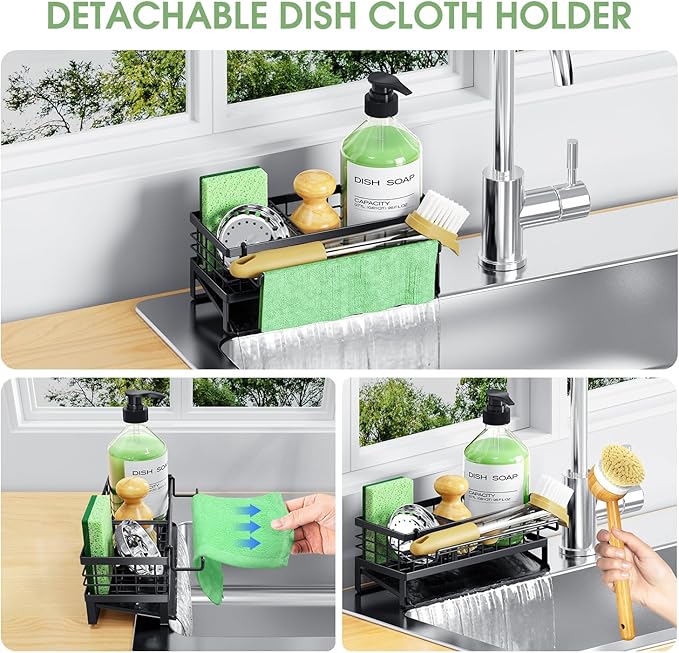 Self-Draining Kitchen Sink Caddy, Rustproof Non-Slip Metal Sponge Holder with Detachable Dish Cloth Holder (Black)