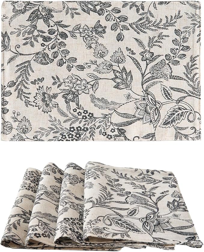 JINCHAN Linen Floral Placemats Set of 4 Cloth Table Mats Rustic Cottagecore Botanical Outdoor Seasonal for Kitchen Dining Table Decor Non-Slip Washable Tablemats 13x19 Inch Black