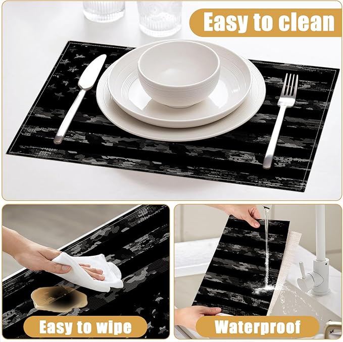 Black Camo American Flag Placemats Set of 6, Linen Place Mat Washable Stain Resistant Table Mats for Farmhouse Kitchen Dining Party Wedding Decor 12x18 Inch
