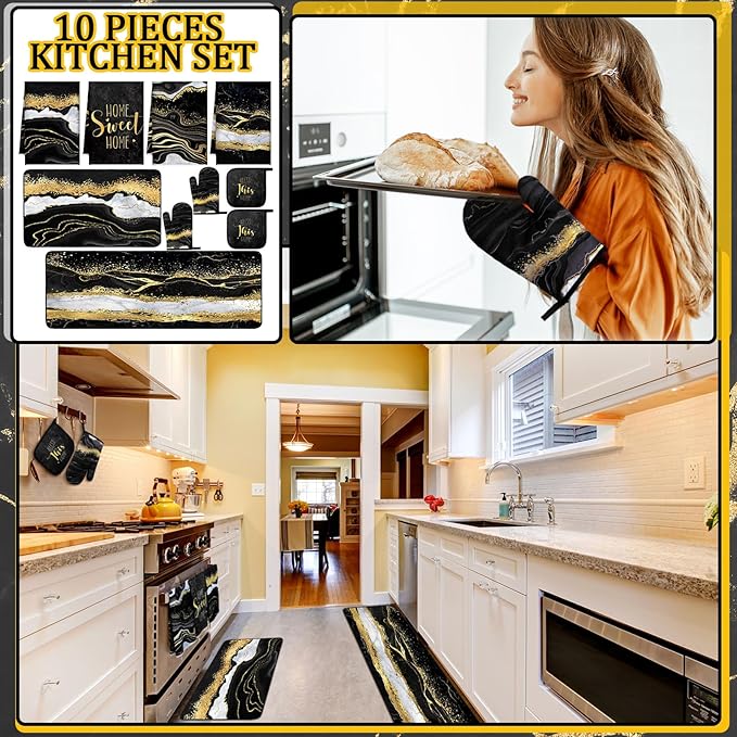 Fourluoo 10 Pcs Marble Farmhouse Kitchen Decor Accessories Set Marble Kitchen Dish Towels Rugs Oven Mitts and Pot Holders Sets for Cooking Baking(Black Gold,Modern)