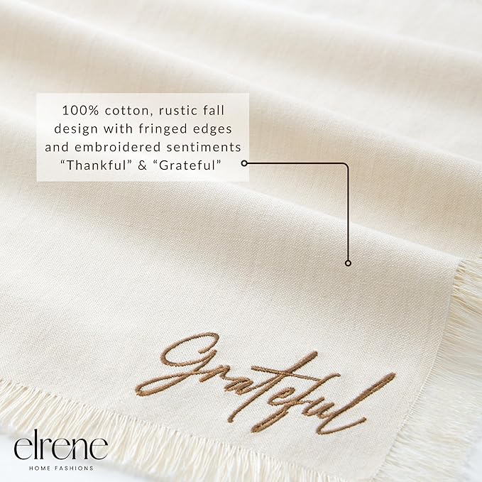 Elrene Home Fashions Fringed Harvest Sentiment Cotton Napkins, Set of 4, 17"x17", Natural