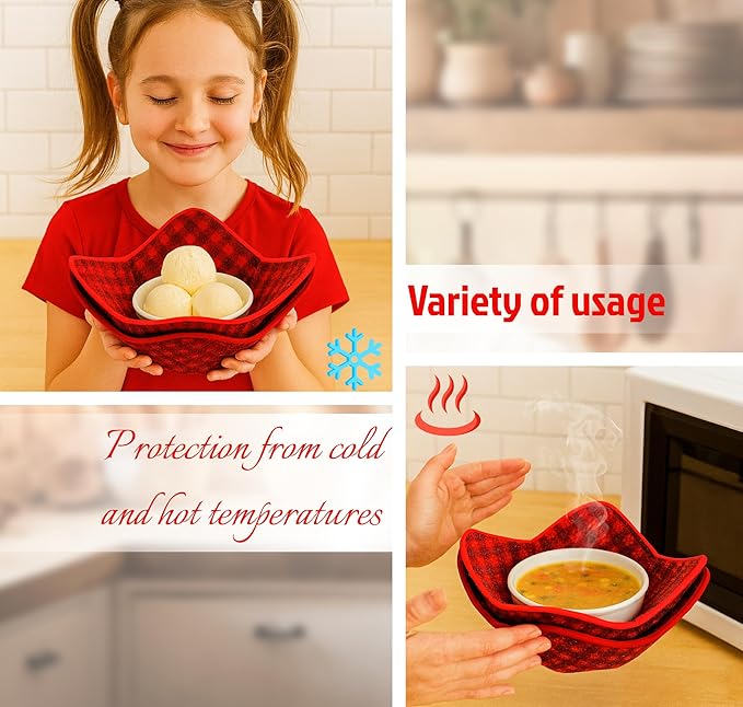 Set 2X Black 7" sq. x 4" H Red Microwave Bowl Cloth Hot Pads Pot - Microwave Safe Holder Multipurpose Heat Resistant Plate Holder Polyester Potholder - Protector for Heat Soup, Food, Meals