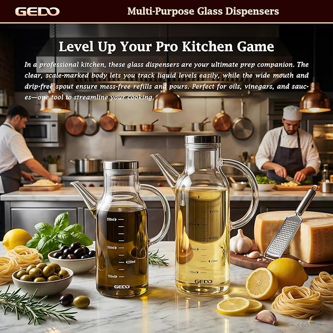 GEDO Borosilicate Glass Oil Dispenser, Eagle Beak Drip-Free Spout with Airtight Stainless Steel Lid, Measurement Markings & Ergonomic Handle, Multi-Purpose for Kitchen & Outdoor Picnic (0.79QT/750ml)