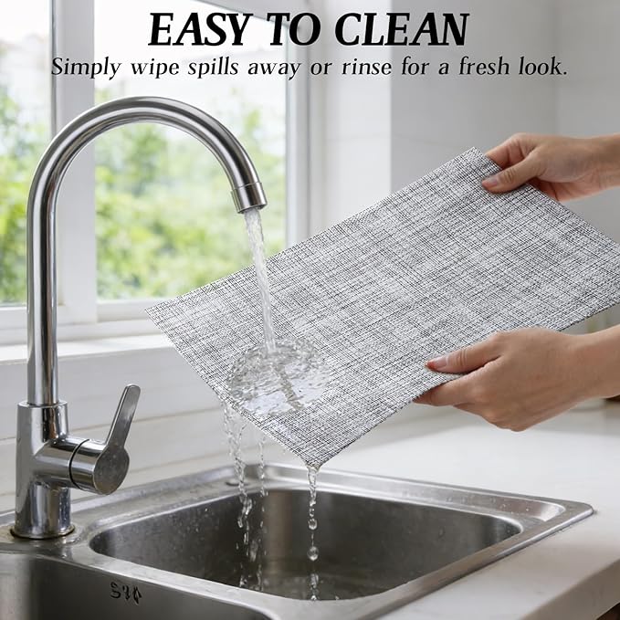 Timeet Placemats Set of 8, Heat Resistant Non-Slip Place Mats for Dining Table, Durable Washable PVC Vinyl Woven Table Mats, Linen Textured Placemats for Kitchen Resistant Easy to Clean(Gray