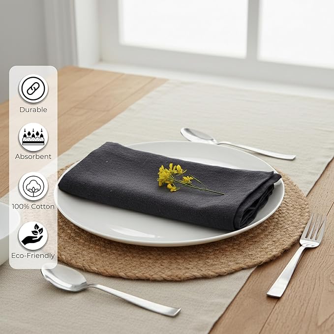 Ramanta Home Charcoal Cotton Dinner Napkins Set of 12, 18x18 Inch 100% Cotton Cloth Napkins, Reusable Fabric Table Napkins for Everyday Dining, Parties, Weddings, Spring & Easter Table Décor Washable