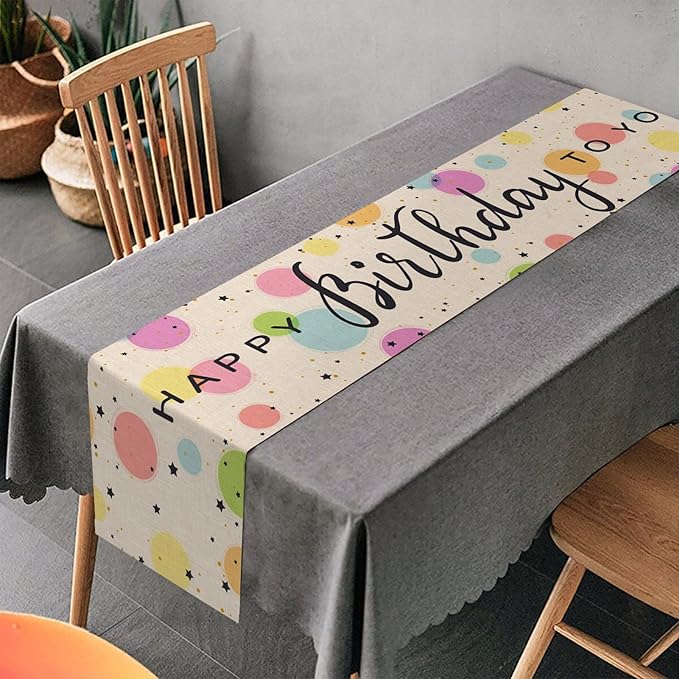 Happy Birthday Table Runner 13x72 Inch Colorful Circle Stars Farmhouse Polyester Linen Table Decoration for Kitchen Dinning, Indoor Outdoor Home Dinner Party (Rainbow)