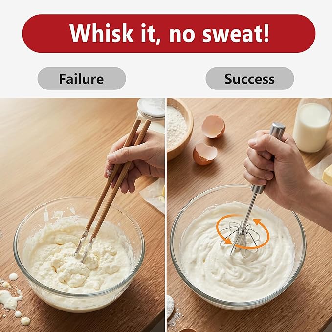 Li&Zhao Semi Automatic Whisk-2-Pack Stainless Steel Hand Push Rotary Egg Whisk and Manual Egg Beater for Blending Frothing Stirring Durable Metal Whisk for Kitchen Coffee Baking