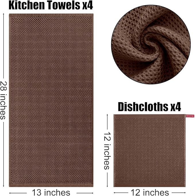 Kitinjoy 100% Cotton Kitchen Towels and Dishcloths Set, 8 Pack-13" x 28" and 12" x 12" Waffle Weave Dish Towels, Ultra Soft Absorbent Quick Drying Dish Rags, Coffee