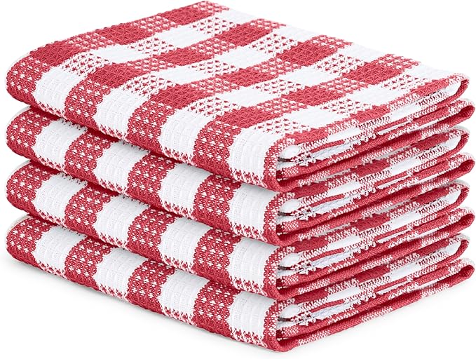 Blue Needles Set of 4 Waffle Weave Kitchen Towel, 15x25 Inches 100% Cotton Check Plaid Dish Towels for Kitchen, Soft & Absorbent for Quick Drying with Hanging Loop, Spring Summer - Burgundy & White