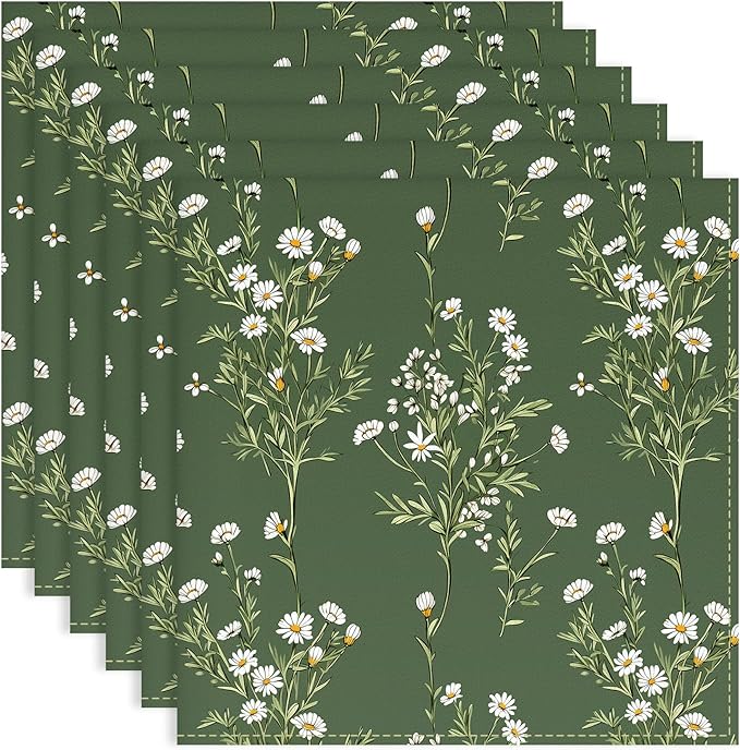 Spring Summer Daisy Napkins, 18×18 Inch Dinner Cloth Napkins Set of 6, Washable Cotton Soft Absorbent Square Table Top Decoration for Dining Kitchen Party Wedding